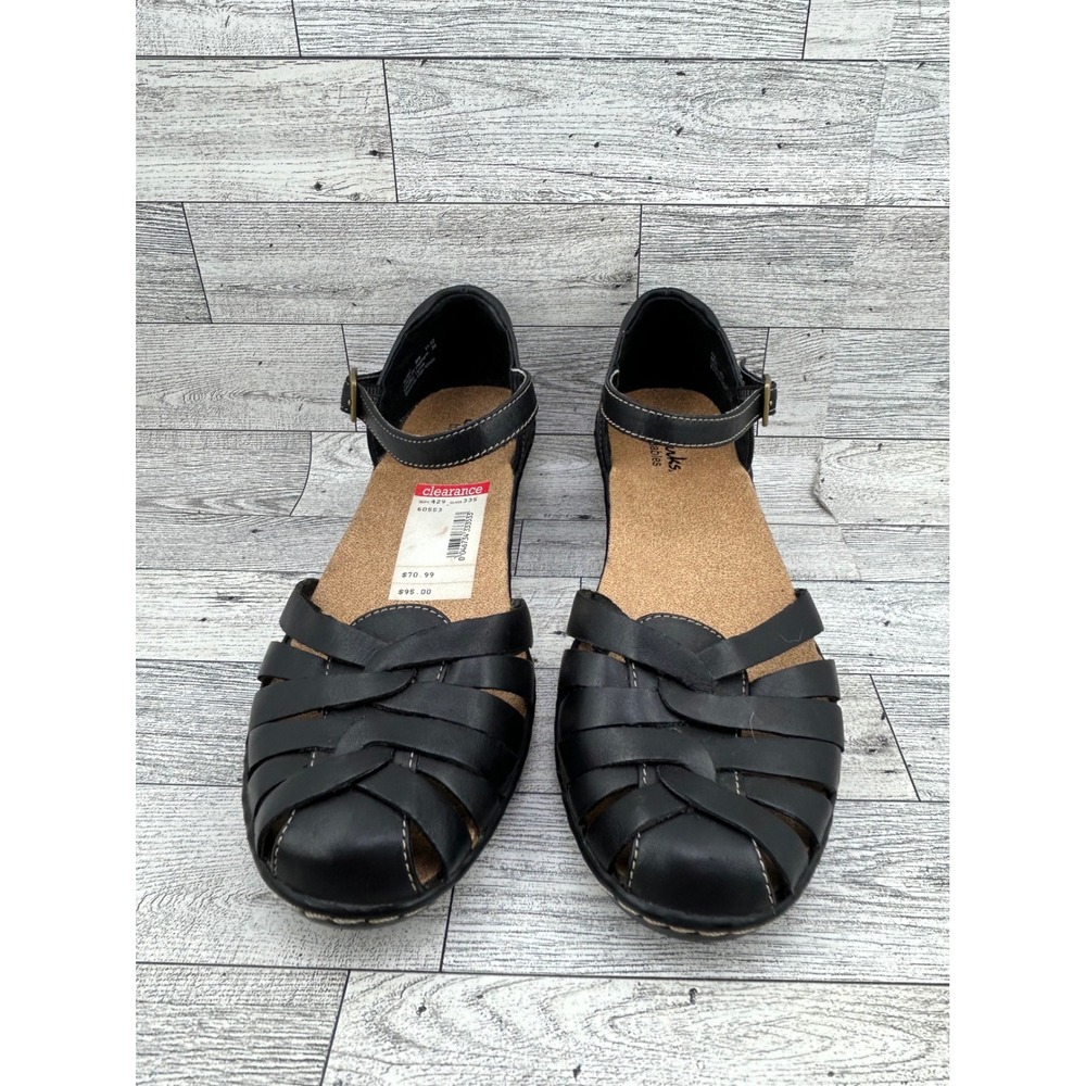 Clarks Bendables Black Leather Fisherman Wedge Sandals Women Sz 8M 60552 - Picture 2 of 11